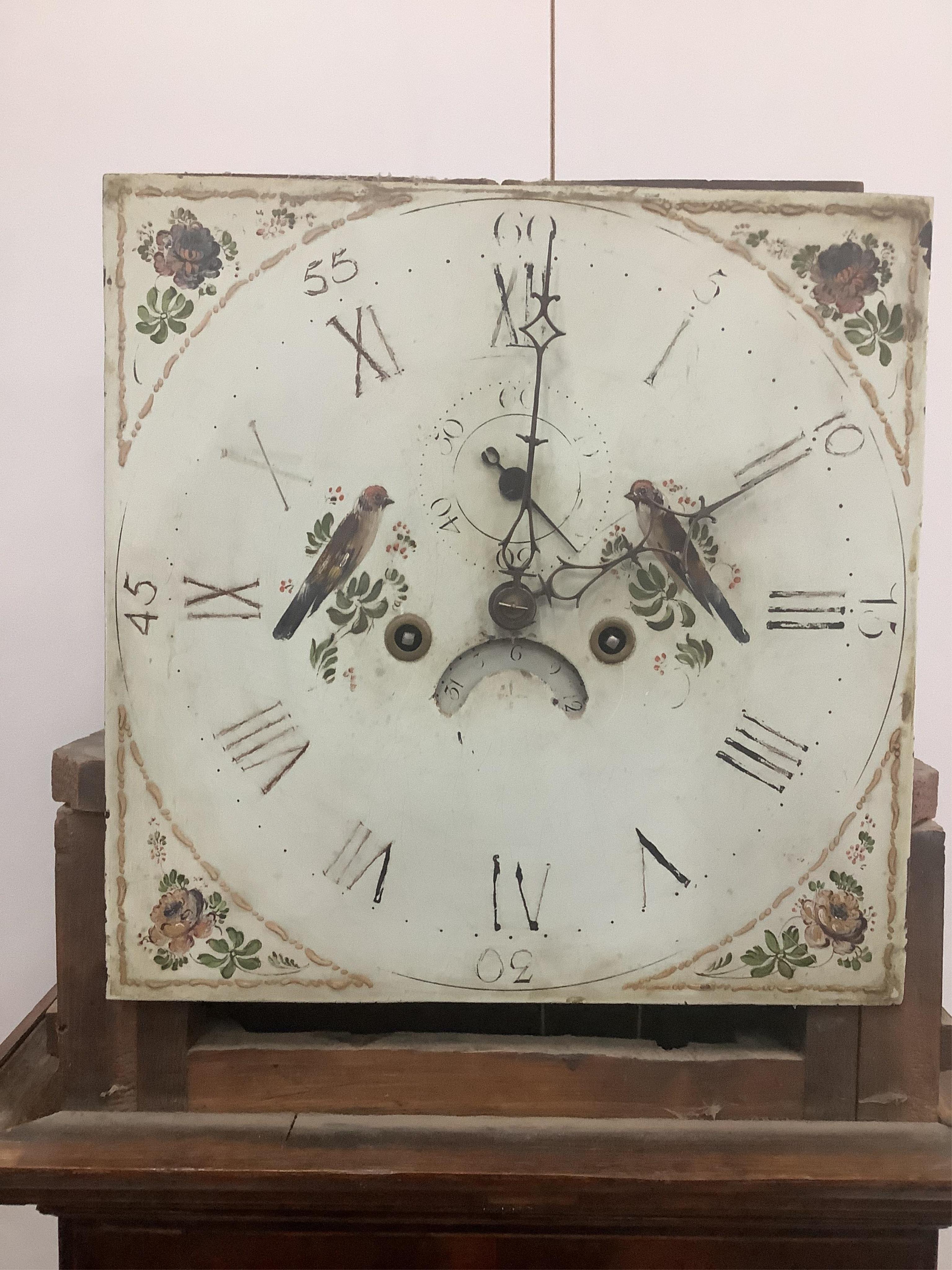 An early 19th century oak and mahogany banded eight day longcase clock, height 206cm. Condition - poor to fair